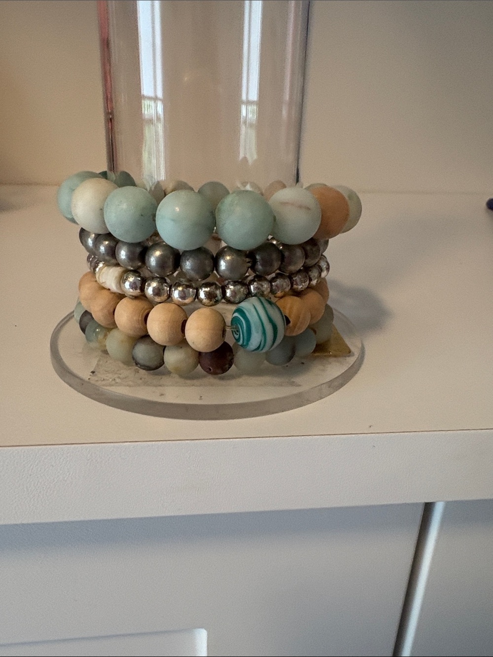 Stacked Blue and Natural Beaded Stretch Bracelet Set